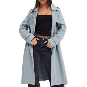 Women's Blue Double-Breasted Trench Coat, Casual Windproof Overcoat with Belt